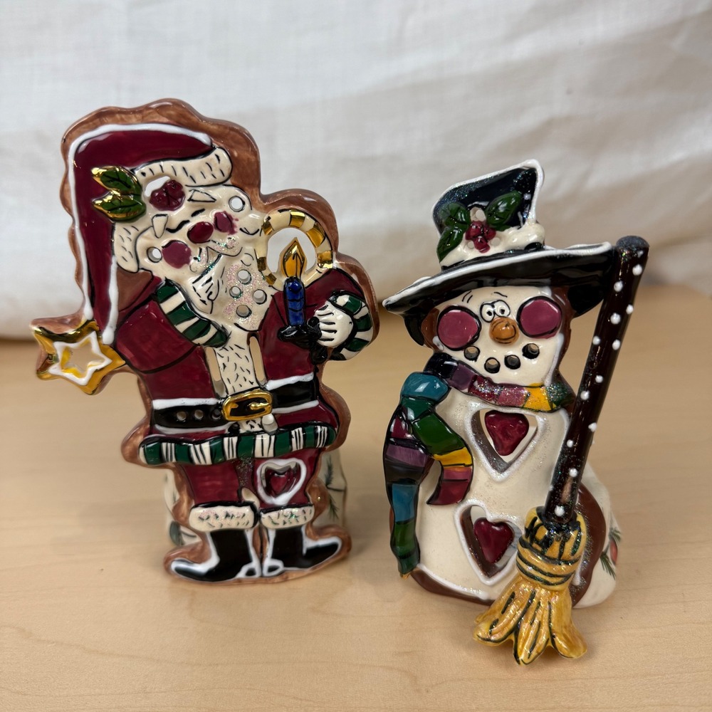Blue Sky Corp Ceramic Santa Claus Snowman Tea Light Candle Holder Set 2002‎